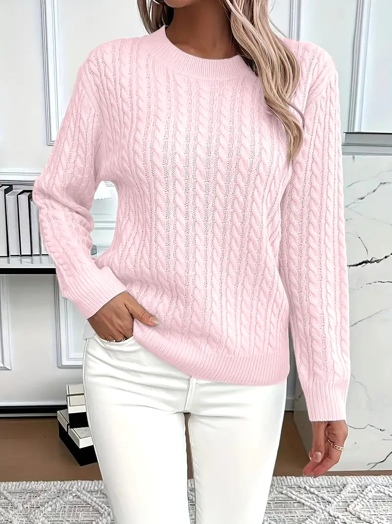 Odile | Damski długorękawowy sweter warkoczowy, strukturalny sweter jesienny | Rokishi | Różowy
