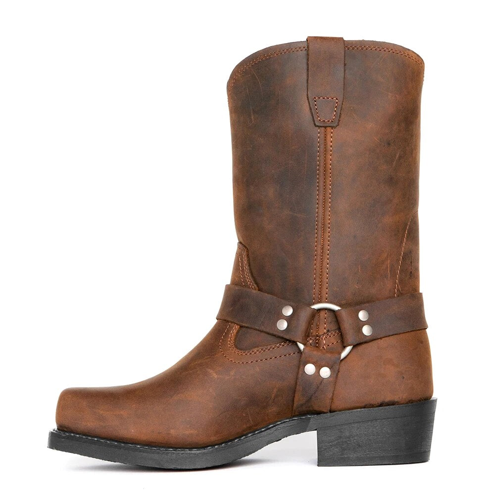 Oswin | Męskie kozaki kowbojskie za łydkę, buty westernowe w stylu harness | Rokishi | Brązowy