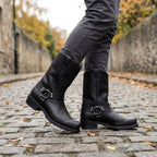 Oswin | Męskie kozaki kowbojskie za łydkę, buty westernowe w stylu harness | Rokishi | Czarny