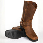 Oswin | Męskie kozaki kowbojskie za łydkę, buty westernowe w stylu harness | Rokishi | Brązowy