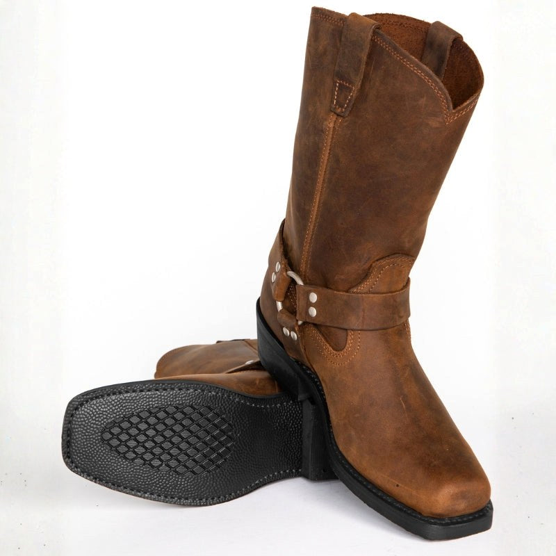 Oswin | Męskie kozaki kowbojskie za łydkę, buty westernowe w stylu harness | Rokishi | Brązowy