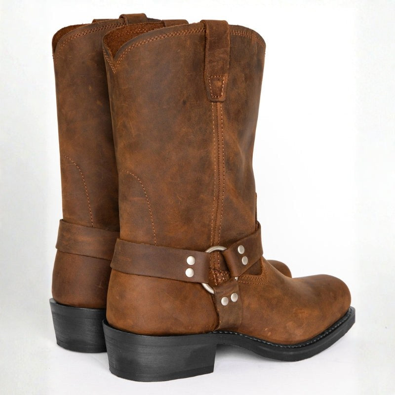 Oswin | Męskie kozaki kowbojskie za łydkę, buty westernowe w stylu harness | Rokishi | Brązowy