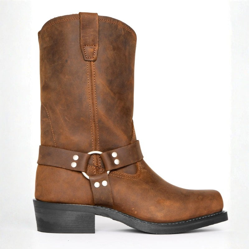 Oswin | Męskie kozaki kowbojskie za łydkę, buty westernowe w stylu harness | Rokishi | Brązowy