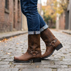 Oswin | Męskie kozaki kowbojskie za łydkę, buty westernowe w stylu harness | Rokishi | Brązowy