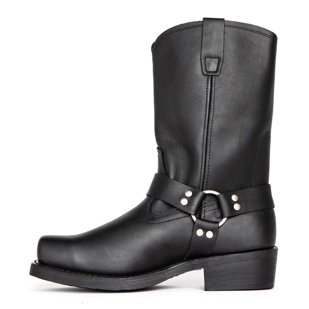 Oswin | Męskie kozaki kowbojskie za łydkę, buty westernowe w stylu harness | Rokishi | Brązowy