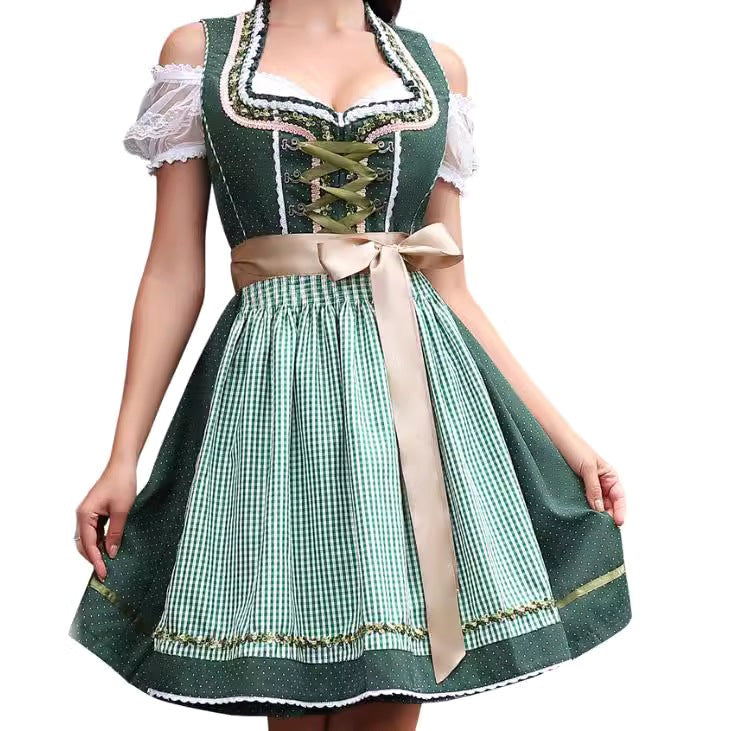 Magdalena | Damska sukienka w kratę w stylu bawarskim z gorsetowym wiązaniem i koronką, sukienka midi na Oktoberfest | Rokishi