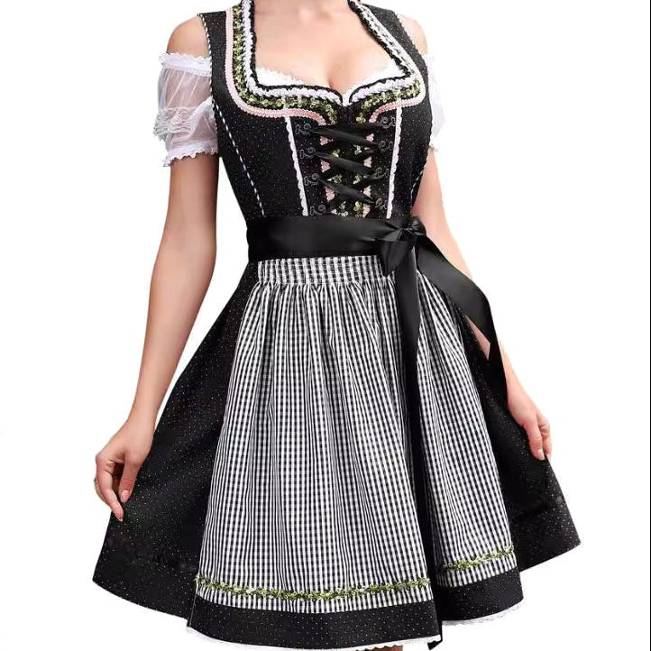 Magdalena | Damska sukienka w kratę w stylu bawarskim z gorsetowym wiązaniem i koronką, sukienka midi na Oktoberfest | Rokishi