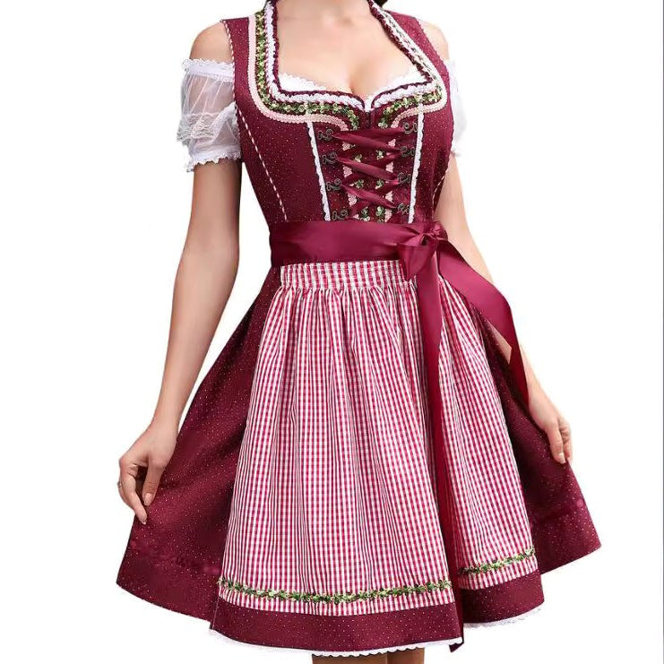 Magdalena | Damska sukienka w kratę w stylu bawarskim z gorsetowym wiązaniem i koronką, sukienka midi na Oktoberfest | Rokishi