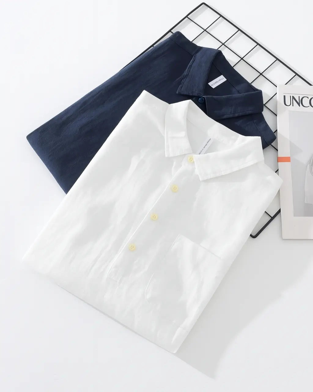 Rory | Męska koszula overshirt z bawełny i lnu, luźna koszula z krótkim zapięciem na guziki | Rokishi | Granatowy