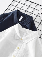 Rory | Męska koszula overshirt z bawełny i lnu, luźna koszula z krótkim zapięciem na guziki | Rokishi | Granatowy