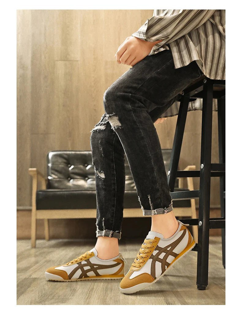 Sebastian | Męskie sneakersy w stylu retro z kontrastowymi paskami i akcentami z zamszu, sneakersy vintage | Rokishi | Żółty