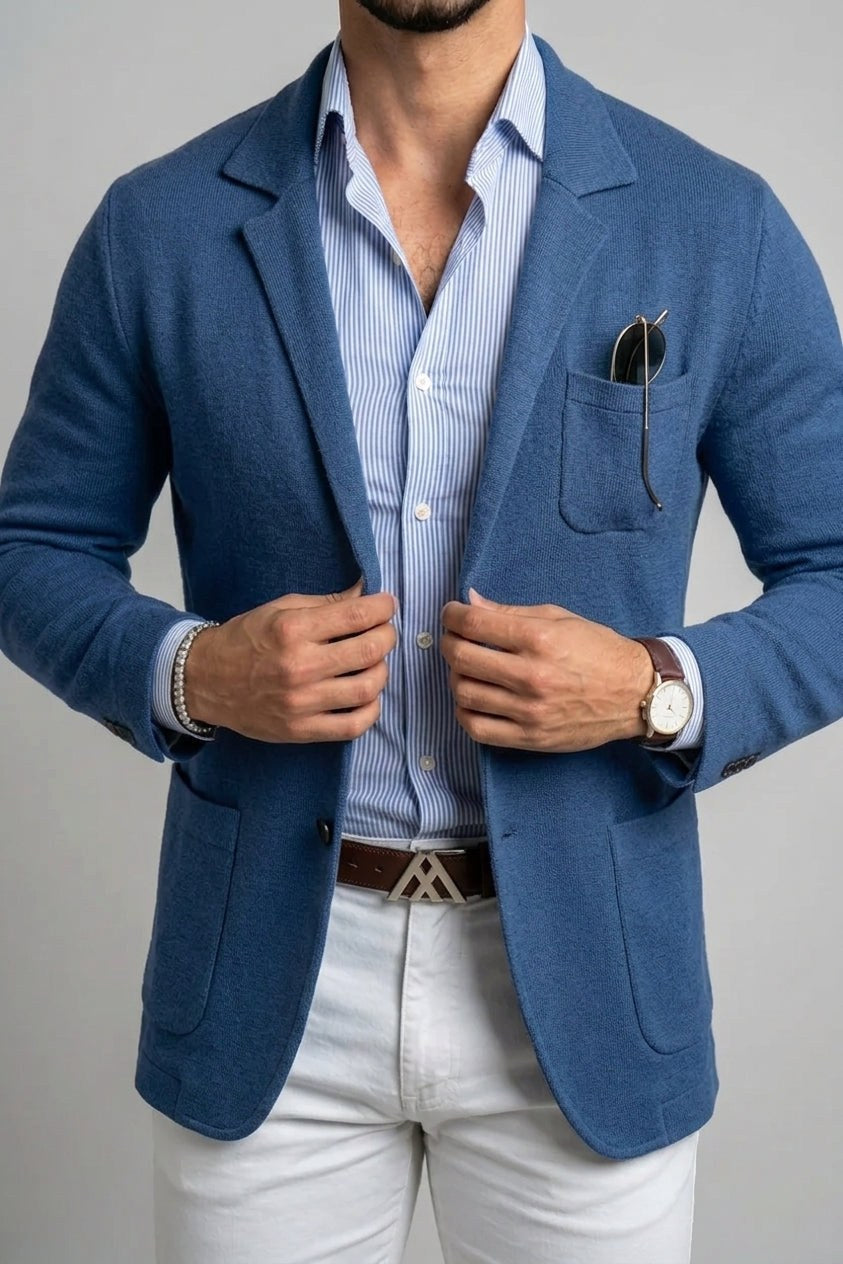 Sebastian | Męski blazer jeansowy z klapami, strukturalny blazer na guziki | Rokishi