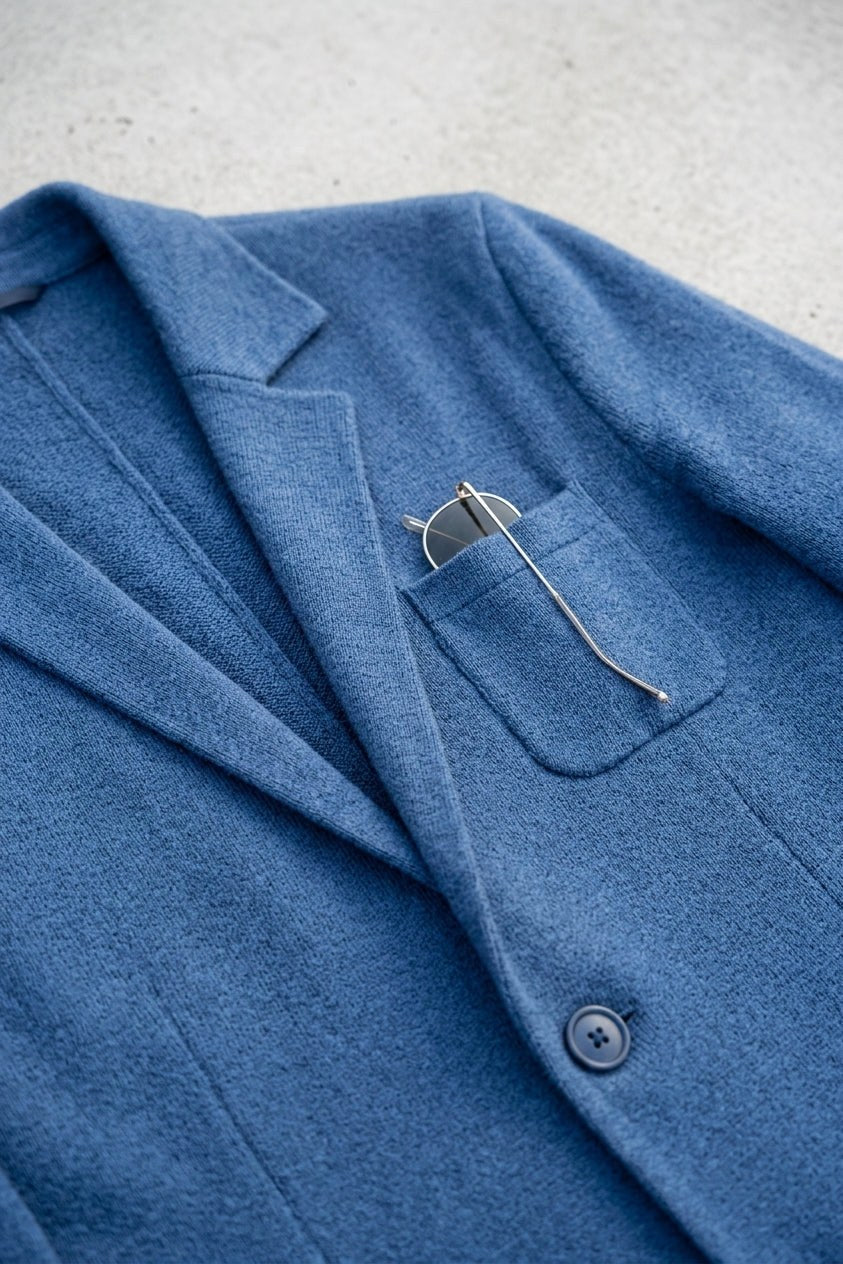 Sebastian | Męski blazer jeansowy z klapami, strukturalny blazer na guziki | Rokishi