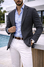 Sebastian | Męski blazer jeansowy z klapami, strukturalny blazer na guziki | Rokishi