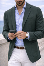 Sebastian | Męski blazer jeansowy z klapami, strukturalny blazer na guziki | Rokishi
