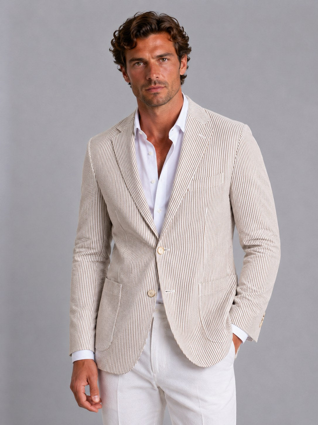 Shaun | Męski prążkowany, dopasowany blazer, lekka marynarka garniturowa | Rokishi | Jasnoniebieski