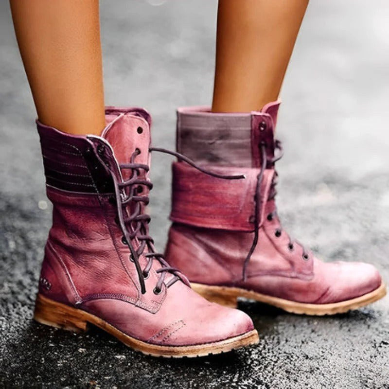 Sophie | Damskie sznurowane botki w kolorze starego różu, buty vintage na słupku | Rokishi | Karmazynowy