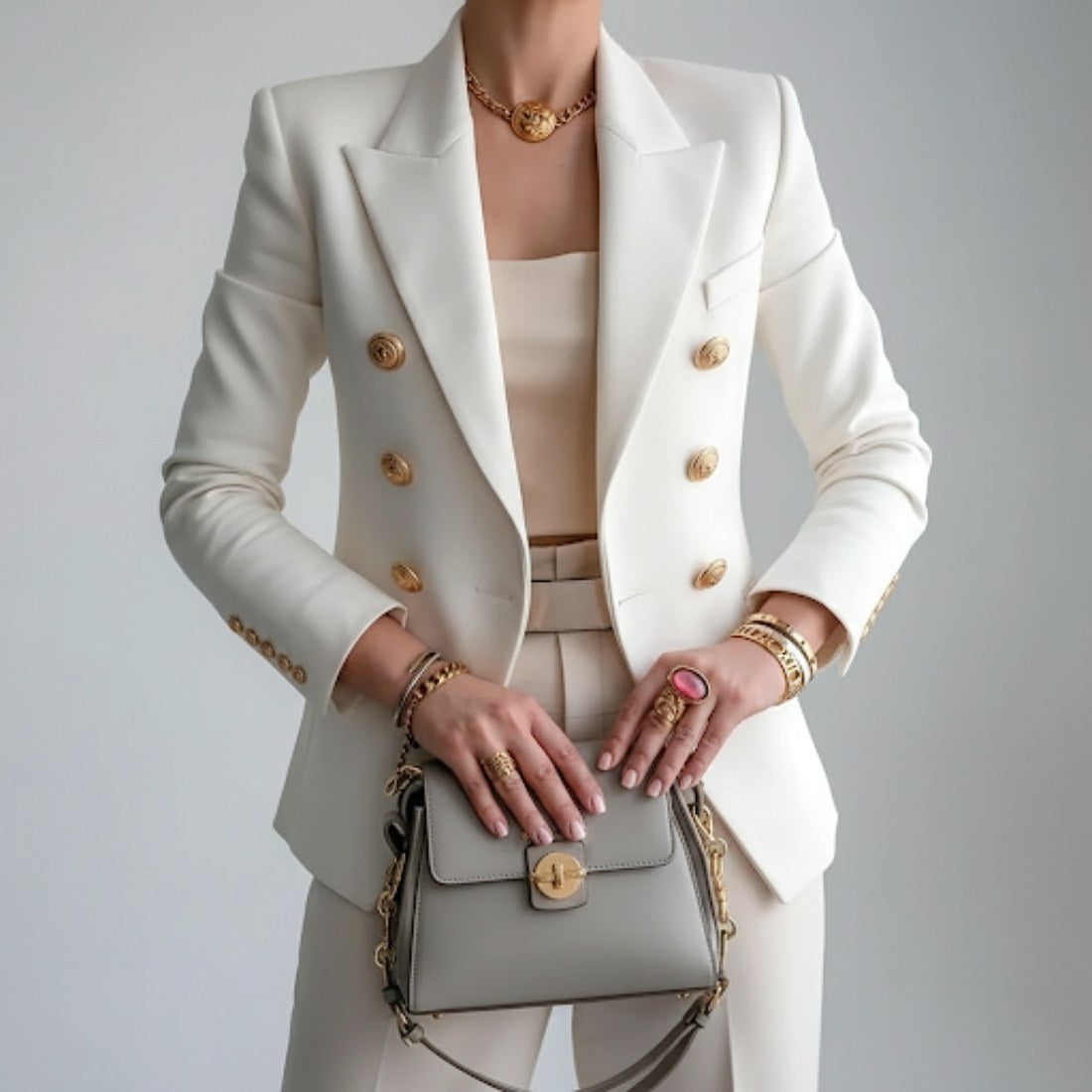 Vivienne | Damski dwurzędowy blazer, żakiet z klapami | Rokishi | Biały