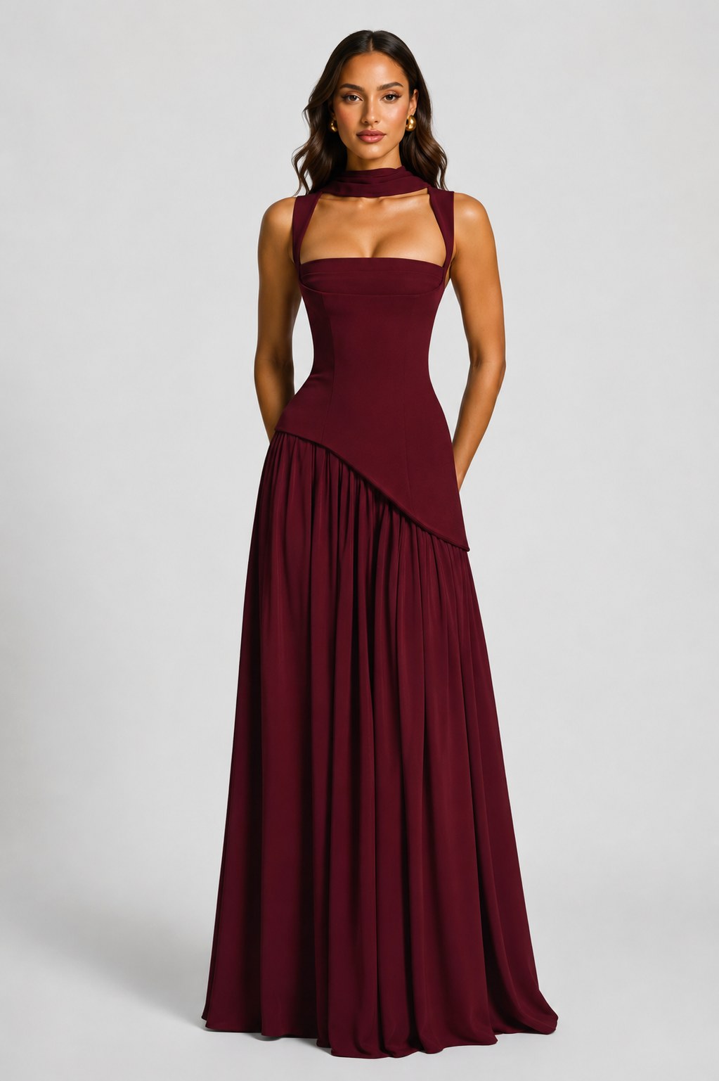 Willow | Damska sukienka maxi z modelowanym stanikiem, o satynowym wykończeniu, drapowana sukienka wieczorowa | Rokishi | Bordowy