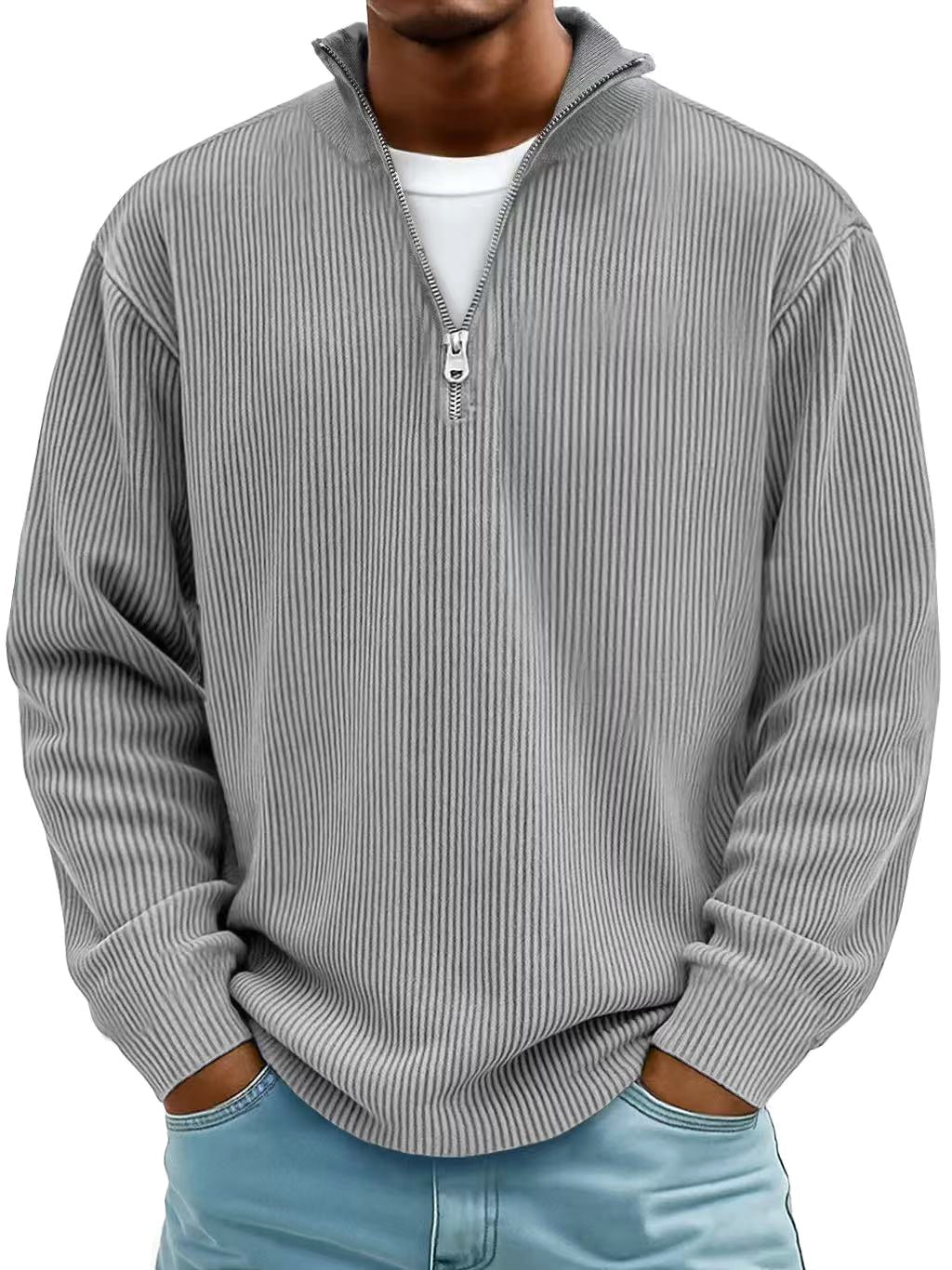 Wolfgang | Męski sweter z półzamkiem, strukturalny modny sweter | Rokishi | Szary