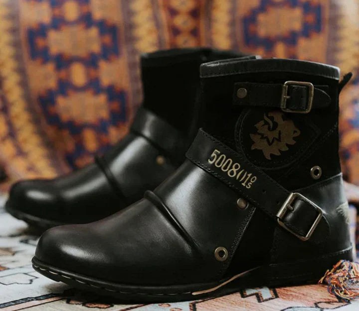 Wolfgang | Męskie skórzane buty w stylu biker, klasyczne buty motocyklowe | Rokishi