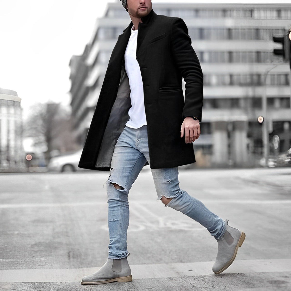 Zachary | Męski wąsko skrojony płaszcz, jednorzędowy taliowany płaszcz | Rokishi | Szary